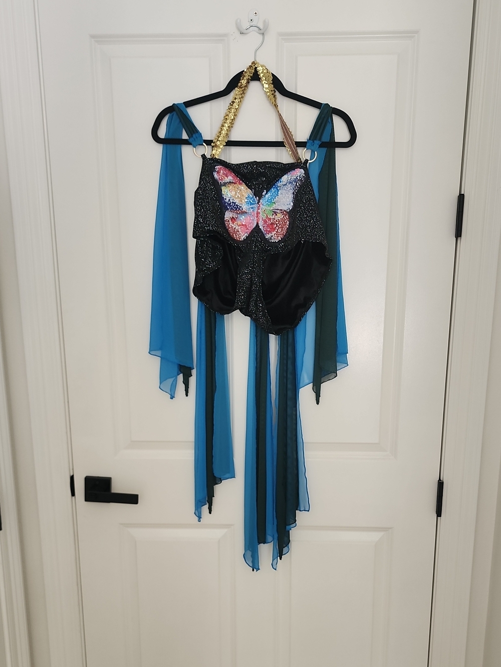 Fashion Nova Black Sequin Bodysuit with Multicolor Butterfly & Blue Drapes